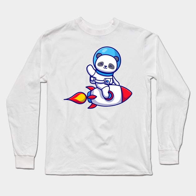 Cute Panda Astronaut Riding Rocket And Waving Hand Cartoon Long Sleeve T-Shirt by Catalyst Labs